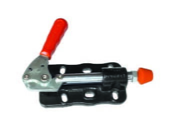 Kukamet Schubstangenspanner auf weißem Hintergrund. Der Fuß ist flach und aus Gusseisen. Der Griff ist seitlich und von rotem Kunststoff ummantelt. Der Arm endet in einem roten Kunststoffkopf.