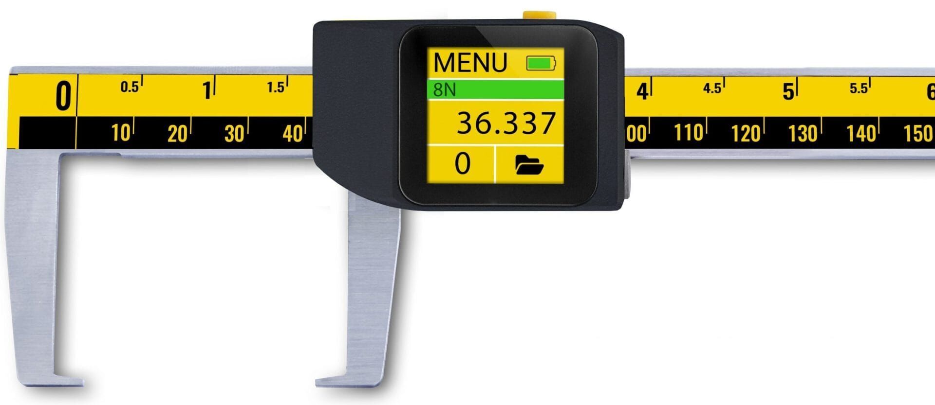 Microtech Digitaler Messschieber 330mm: Großansicht gelbes Lineal, schwarzes Display zeigt '36.337'