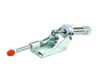 Kukamet Pneumatischer Schubstangenspanner auf weißem Hintergrund. Der Fuß ist flach und der Arm endet in einem roten Kunststoffkopf.