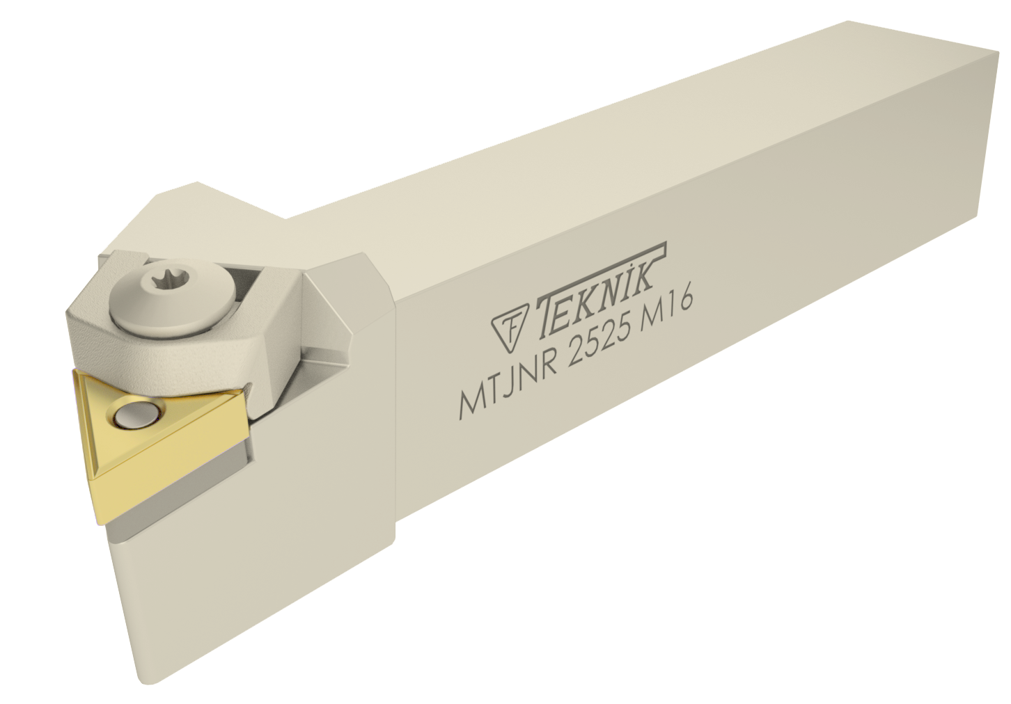 Klemmhalter MTJN auf weißem Hintergrund. Mit einer Wendeplatte des Typs TN--. Auf der Seite des Werkzeugs befinden sich das Logo des Herstellers und der Artikelcode.