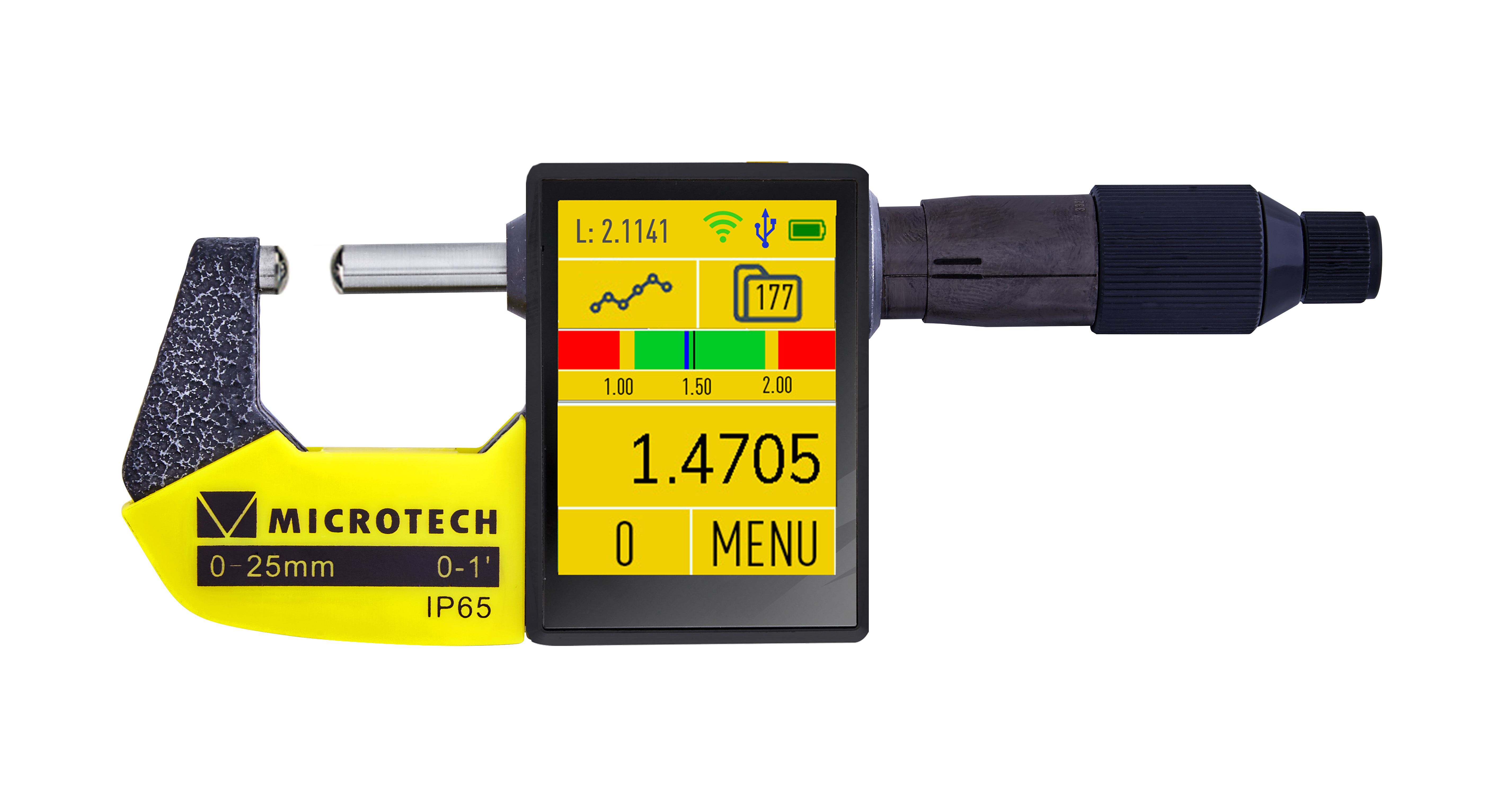 Microtech Digital Messschraube: Gelber Bügel, schwarzer Rahmen, Farb-Touchscreen mit Anzeige L: 2.1141