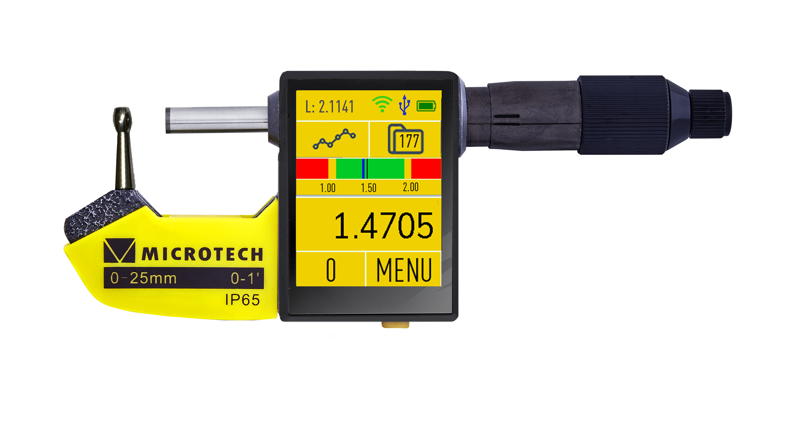 Microtech Rohrwanddicken-Messschraube: Gelber Rahmen, schwarzes 2.4" Touchscreen-Display, IP65, Frontalansicht