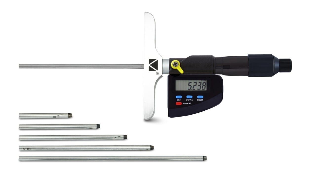 Microtech Metrology Tiefenmessschraube digital: 200mm, IP65, 0.001mm, mit verschiedenen Messstangen. Seitenansicht