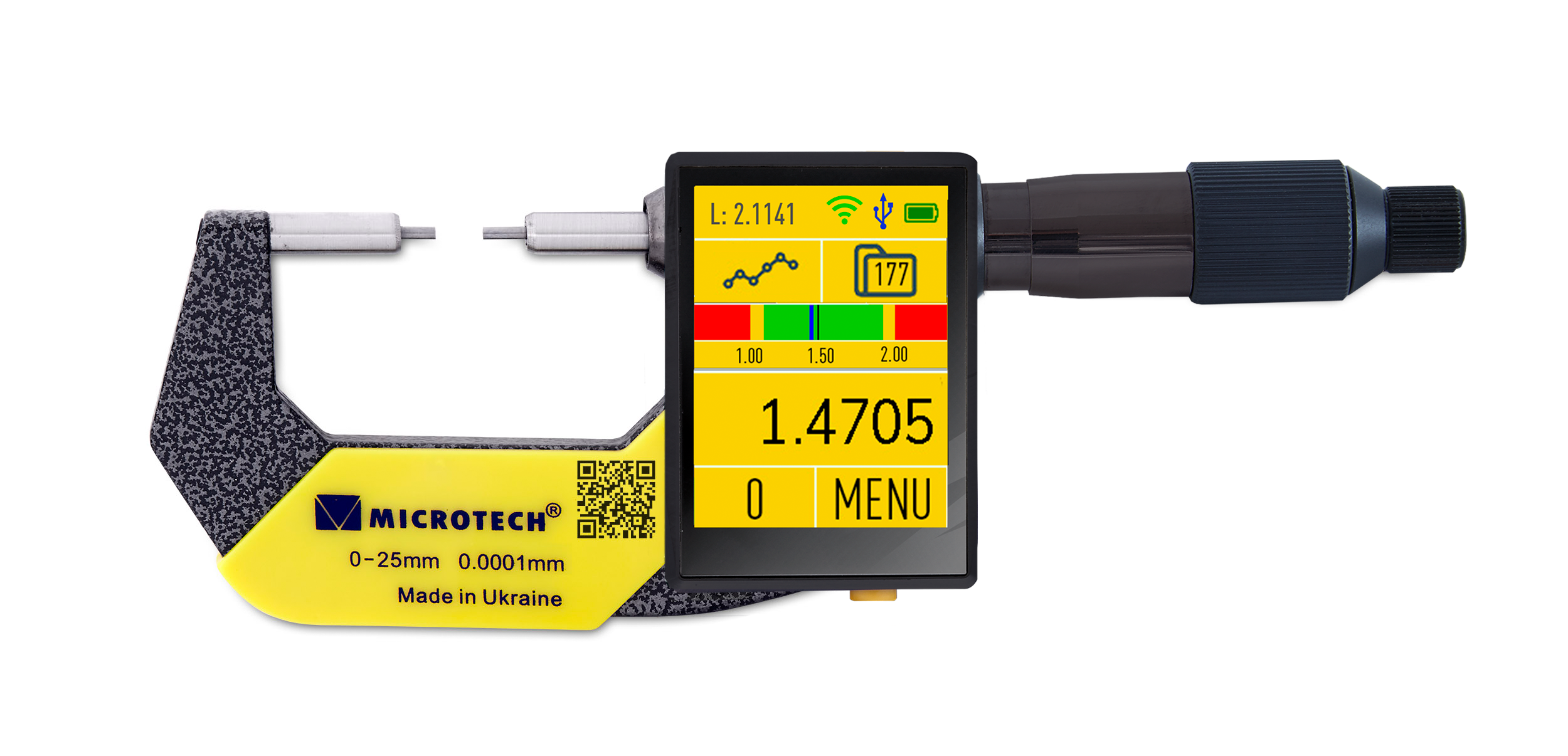 Microtech Digital-Messschraube: Grau-gelber Messbügel, Display zeigt 1.4705mm Messwert, Frontalansicht
