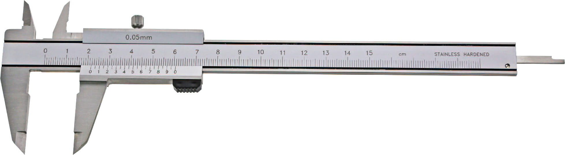 150mm Taschen‑Messschieber, 0,05mm Ablesung, parallaxfrei, Monoblock, Feststellschraube, Tiefenmaß, 4‑fach‑Messung, Kasten - Metav IndustryLine