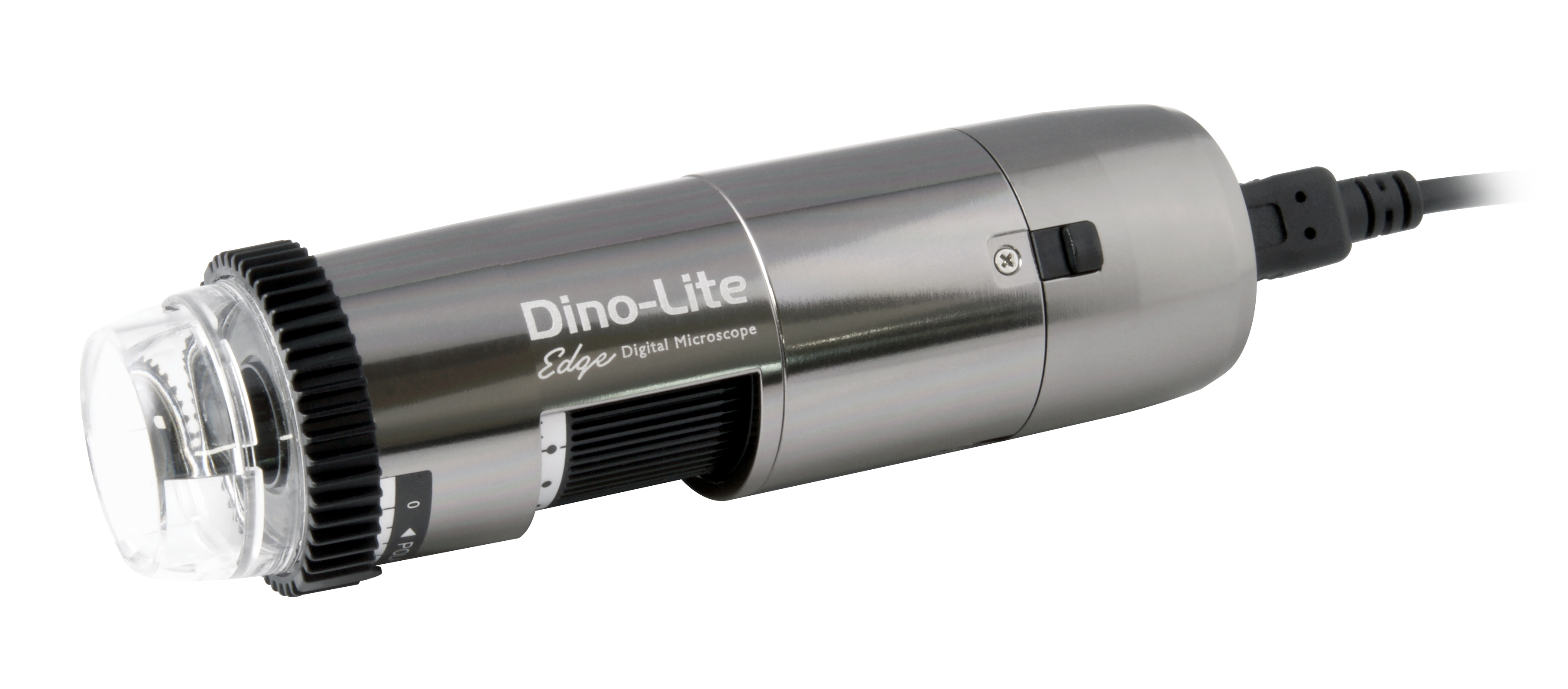 Dino-Lite AF7915MZTL - USB-Mikroskop aus Aluminium in Grau, schräg von oben mit Sicht auf objektivseitiges Ende