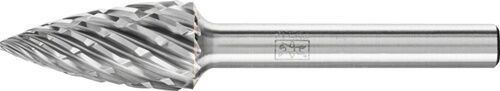 12mm Frässtift Hartmetall Spitzbogenform, blankes Metall mit grober Doppelzahnung in Seitenansicht