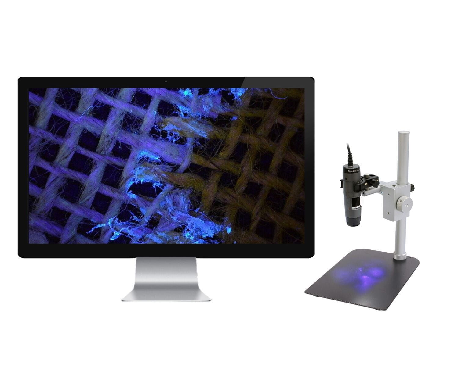 Dino-Lite AF4515TL-FVW UV-Mikroskop am Ständer, zeigt fluoreszierendes Material auf Monitor