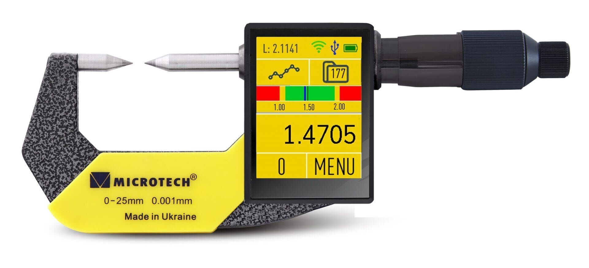 Microtech 75-100mm Digital-Messschraube: Grauer Bügel, gelbes Gehäuse, spitze Messflächen, Farb-Touchscreen