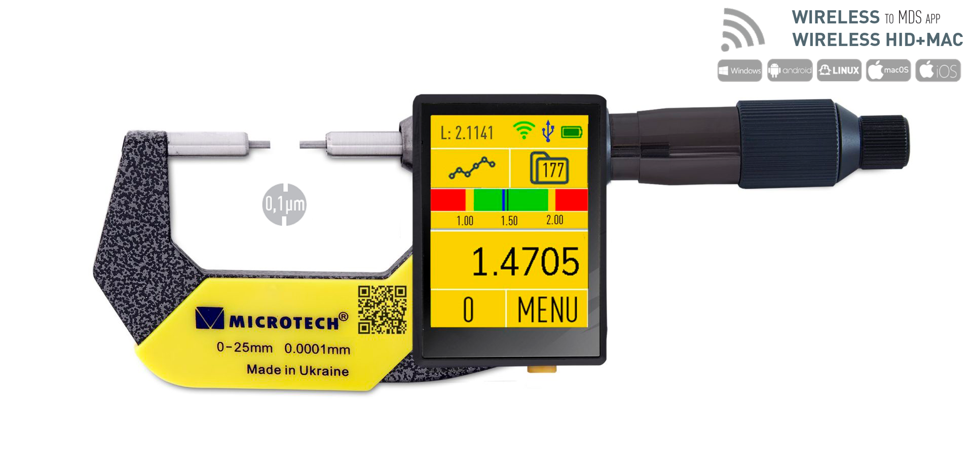 Microtech Digital-Messschraube 75–100mm: gelb-schwarzer Bügel, Farbbildschirm, dünne Ø2mm Spitzen, Frontalansicht