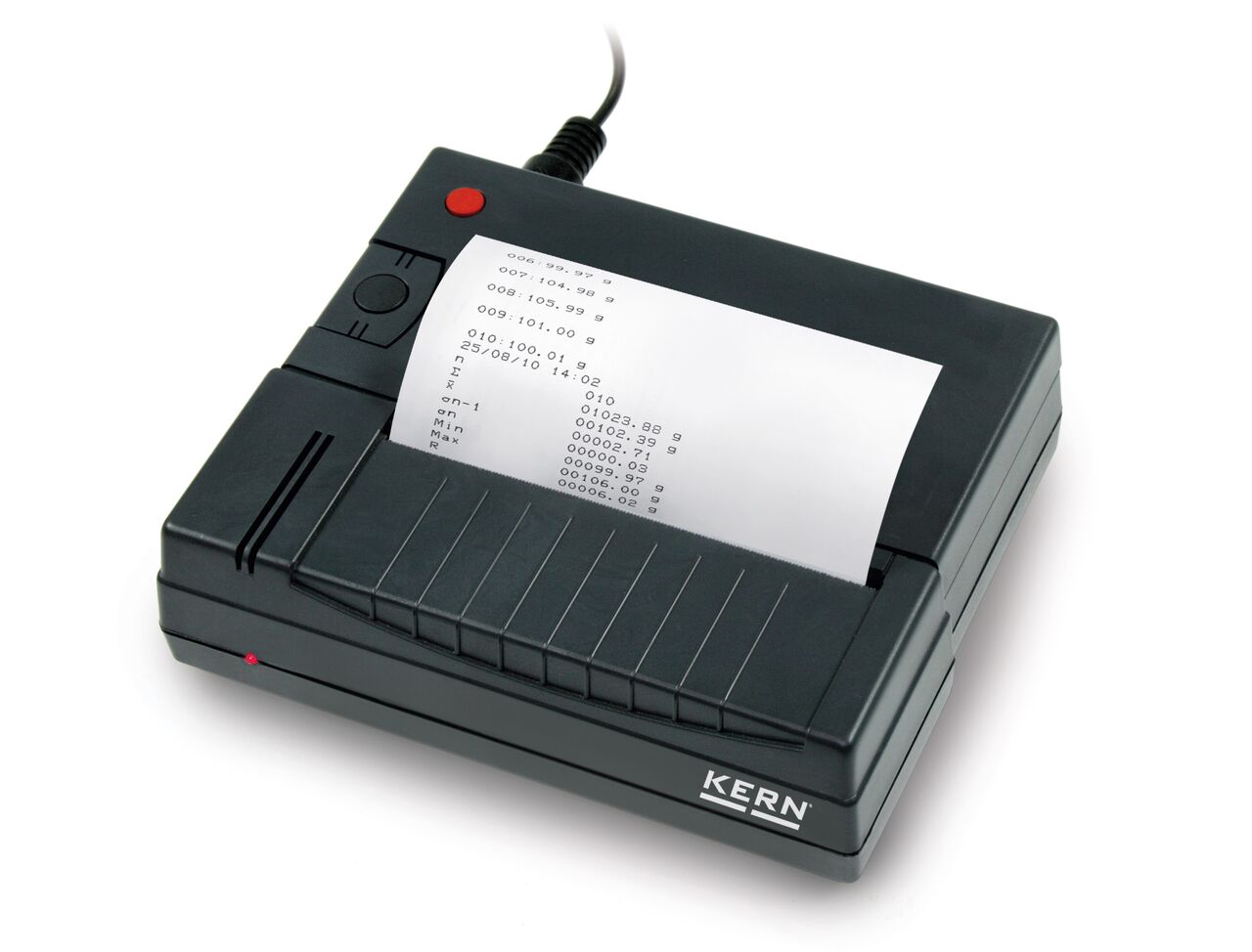 Schwarzer Statistik Thermodrucker auf weißem Hintergrund. In der Mitte ragt als Beispiel ein weißes Blatt mit schwarzem Text heraus.