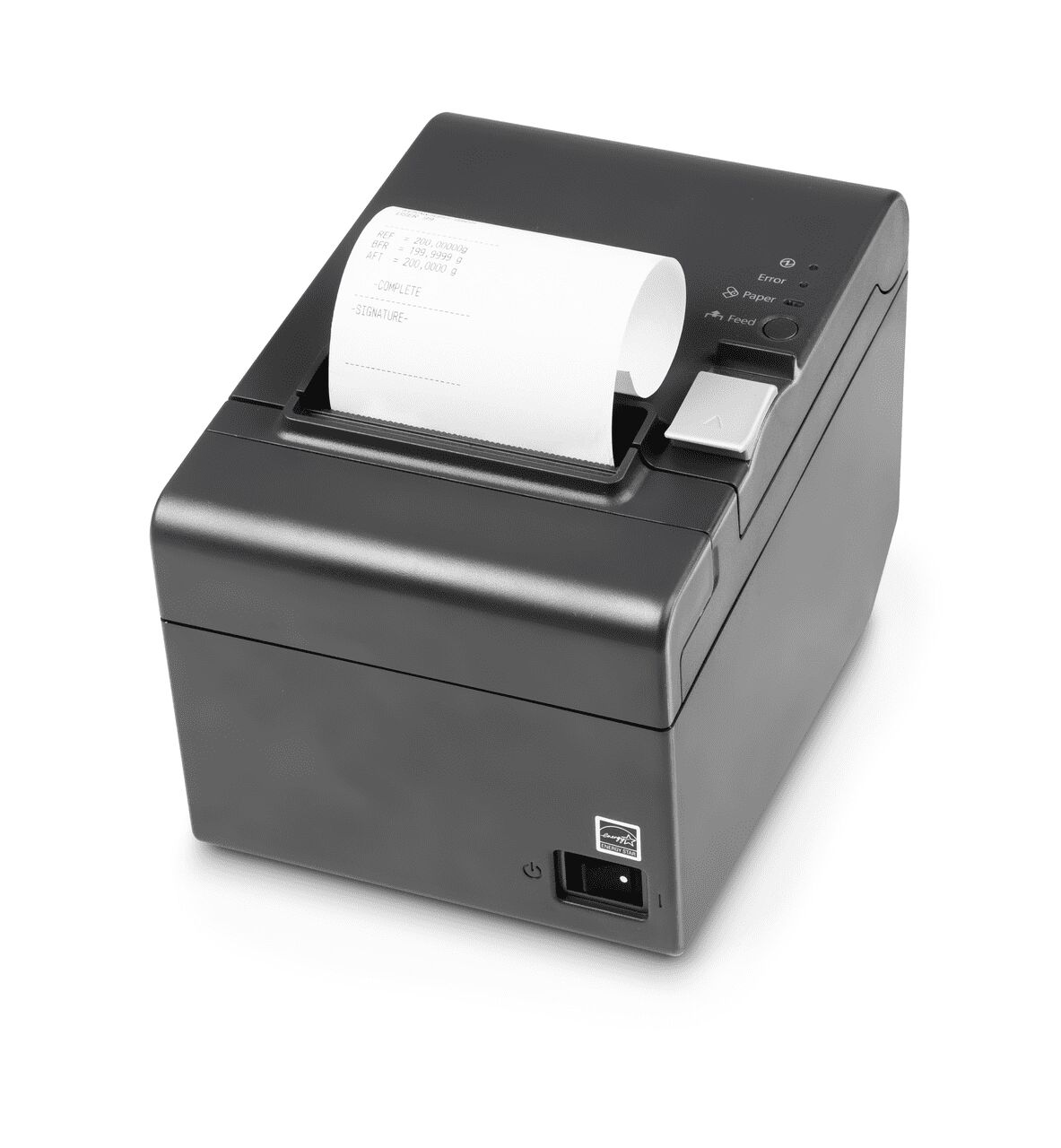 Schwarzer Thermodrucker auf weißem Hintergrund. Ein weißes Blatt ragt als Beispiel aus dem Drucker heraus. Auf der Vorderseite gibt es ein Eingang für ein Kabel.