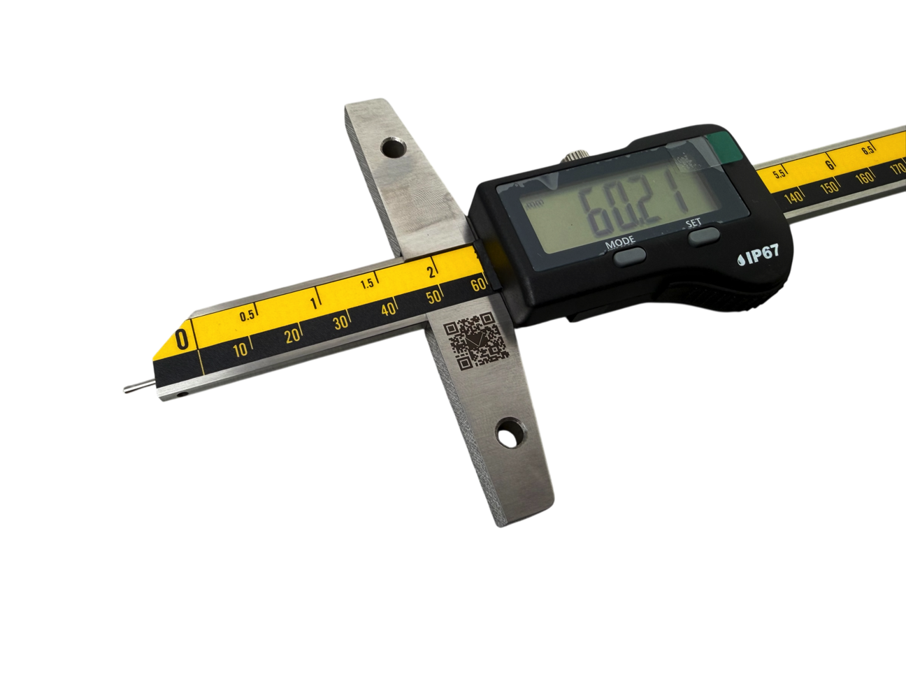 0-300mm Tiefenmessschieber, Wireless, Swiss Digit 11mm, IP 67: Schrägansicht mit digitaler Anzeige 60.21mm