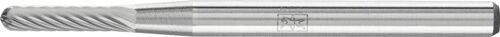 Hartmetall Kleinfrässtift Walzenrundform (WRC) D.2mm, silbern, detailreich gefräster Kopf in Seitenansicht