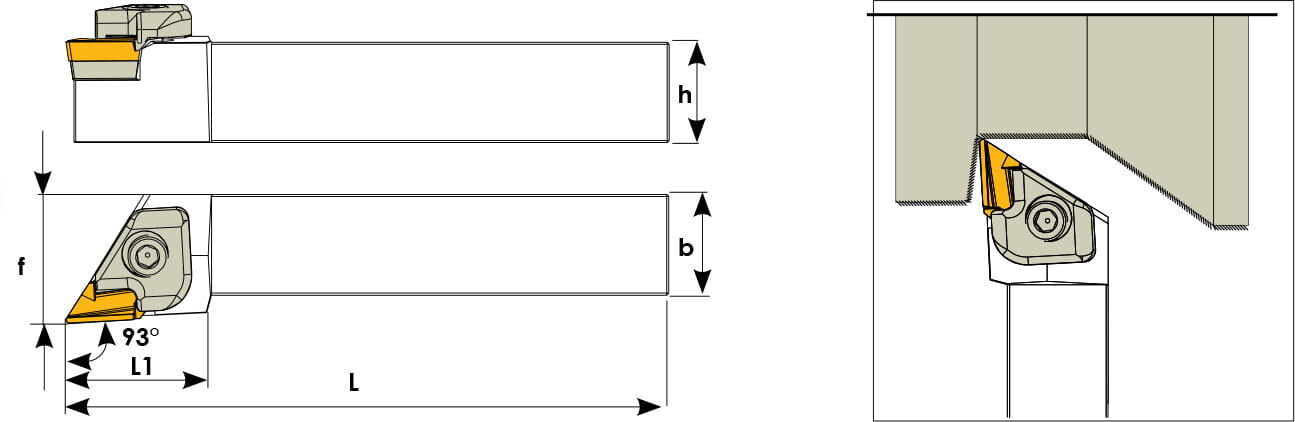 Technische Zeichnung eines Klemmhalters. Schwarze Linien auf weißem Hintergrund. Die Wendeplatten sind in Gelb angezeigt. Mit Größenangaben. Links befinden sich die Vorder- und Seitenansicht. Rechts befindet sich ein Benutzungsbeispiel.