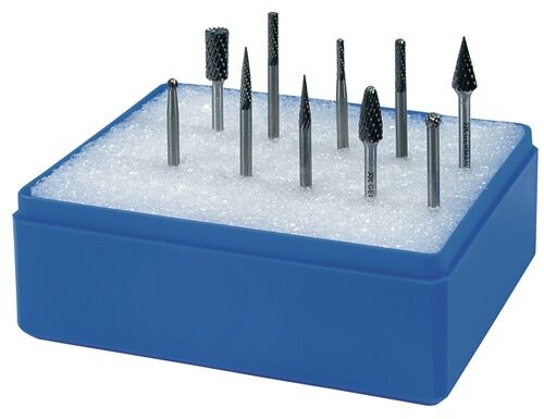 TECWERK 3mm Frässtiftsatz Hartmetall, 10 Kreuzverzahnungs-Frässtifte in blauer Kunststoffkassette