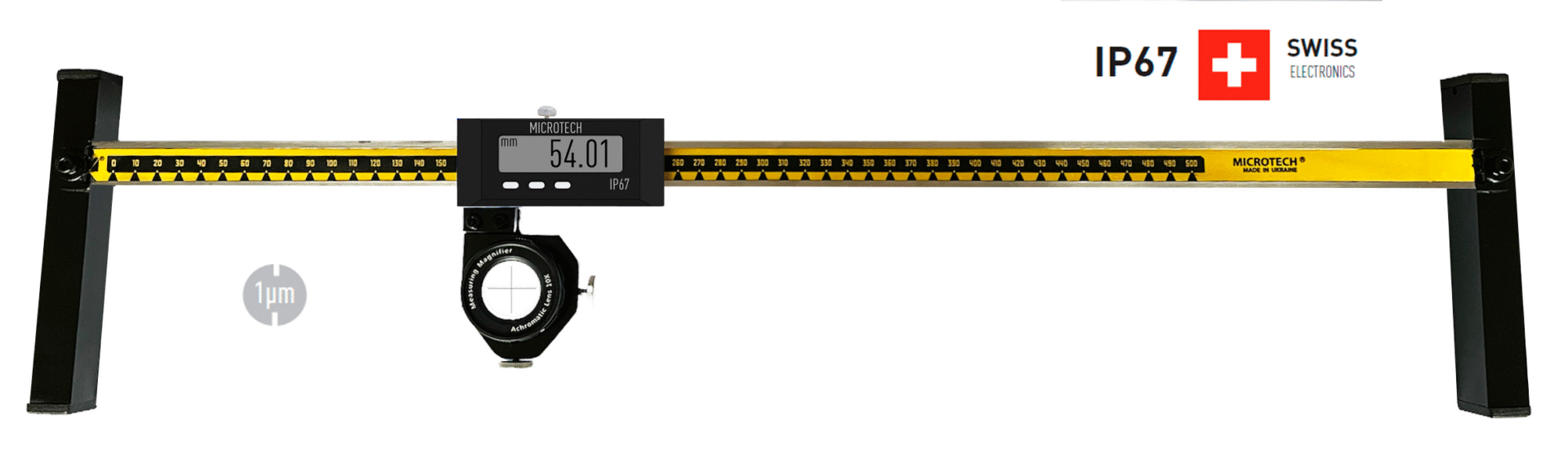 1000mm Digitaler Einbaumessschieber: Frontalansicht mit Lupe, 0,001mm Auflösung, IP67-Schutz, Swiss Electronics.