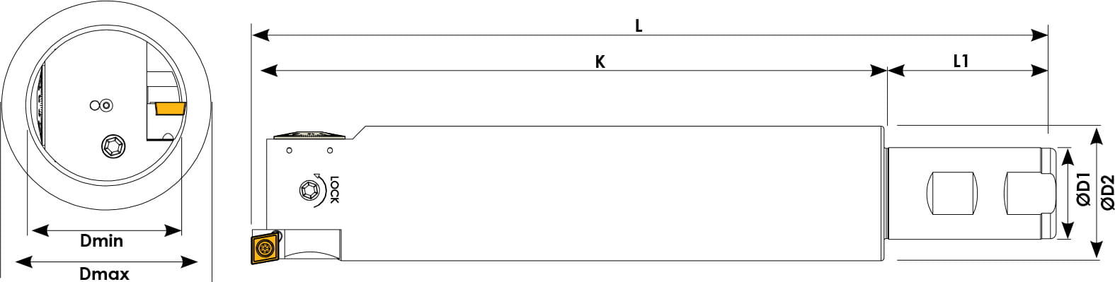 Technische Zeichnung eines Ausdrehwerkzeugs. Schwarze Linien auf weißem Hintergrund. Die Wendeplatten sind in Gelb angezeigt. Mit Größenangaben. Links befindet sich eine Vorderansicht, Rechts eine Seitenansicht.