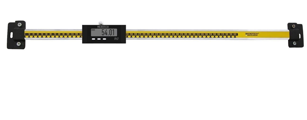 Microtech Einbaumessschieber 1000mm, IP67: Aluminium-Skala gelb-schwarz, digitaler Bildschirm, Frontalansicht
