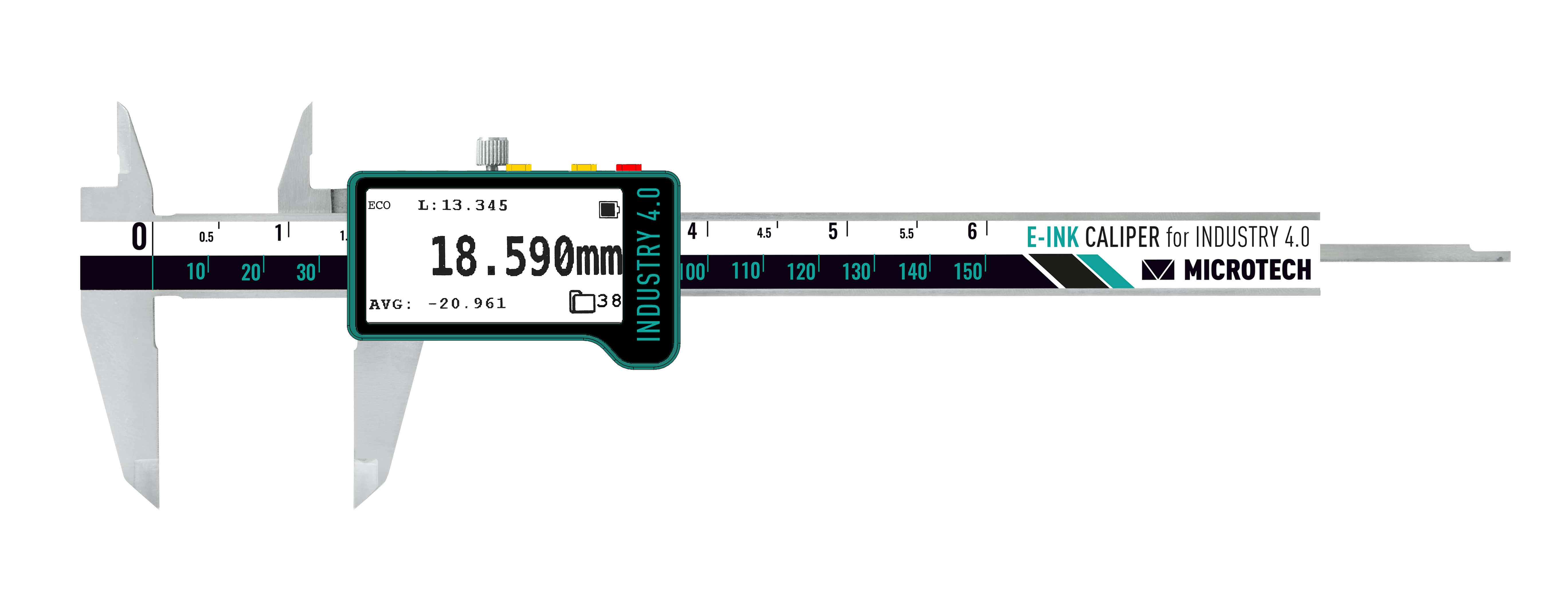 Digitaler Präzisionsmessschieber von Microtech Metrology, E-Ink Display zeigt 18.590mm, Frontalansicht