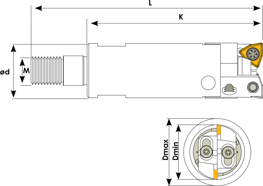 Technische Zeichnung eines Ausbohrwerkzeugs. Schwarze Linien auf weißem Hintergrund. Die Wendeplatten sind in Gelb angezeigt. Mit Größenangaben. Oben befindet sich eine Seitenansicht, unten eine Vorderansicht.