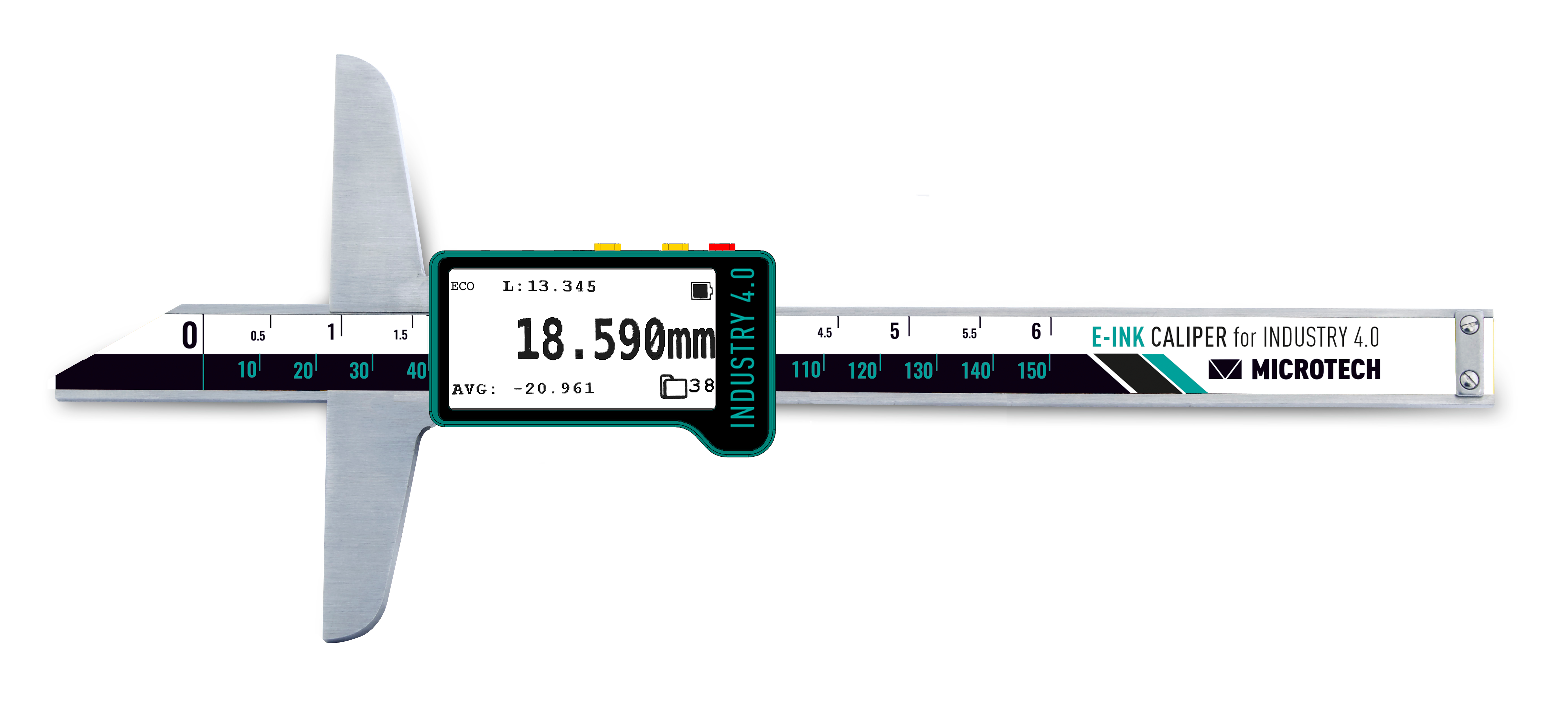 Microtech Digitaler Tiefenmessschieber: Frontalansicht mit E-Ink Anzeige 18.590mm, Metall und schwarzer Skala.
