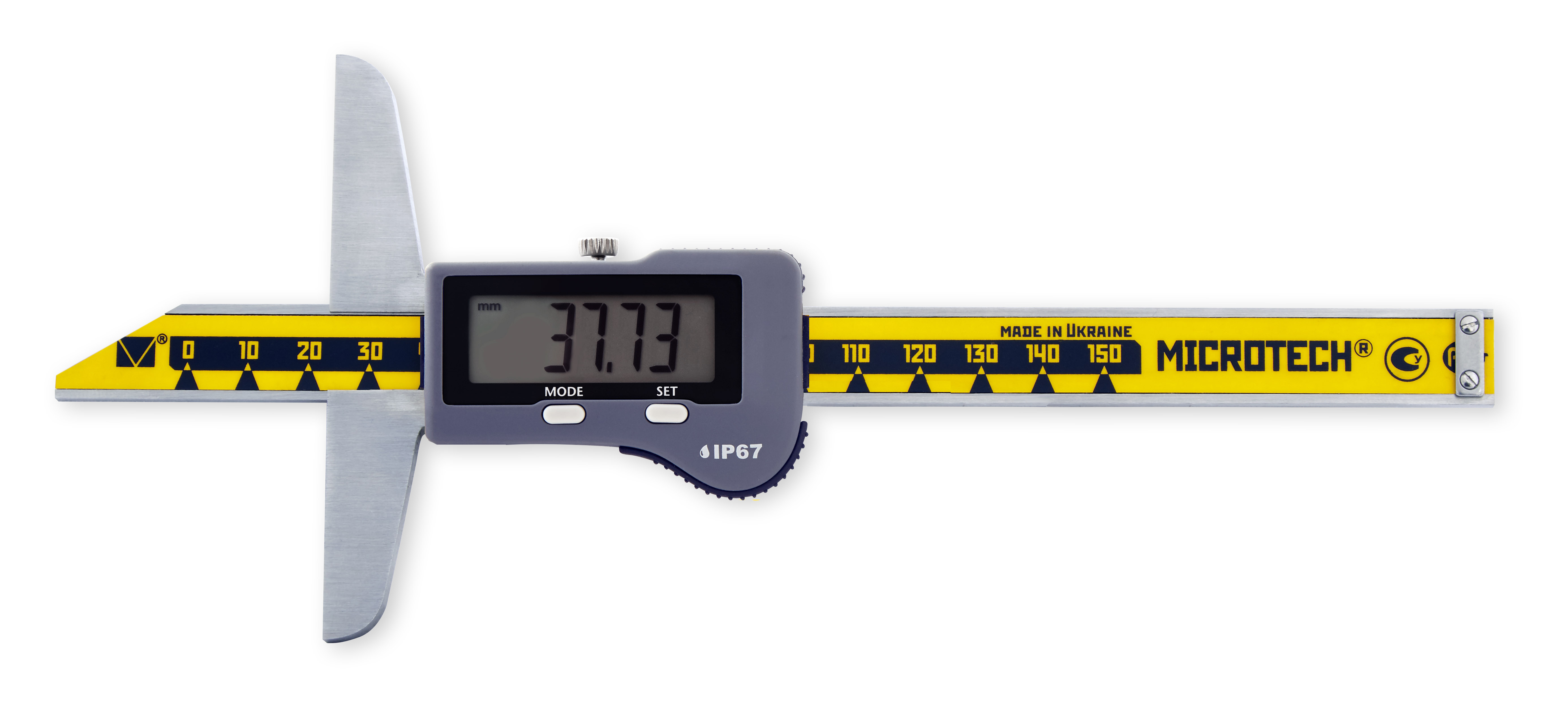 Microtech Tiefenmessschieber 1000mm, 0,05mm, IP67: Frontalansicht mit digitalem Swiss Digit Display (37.73mm)