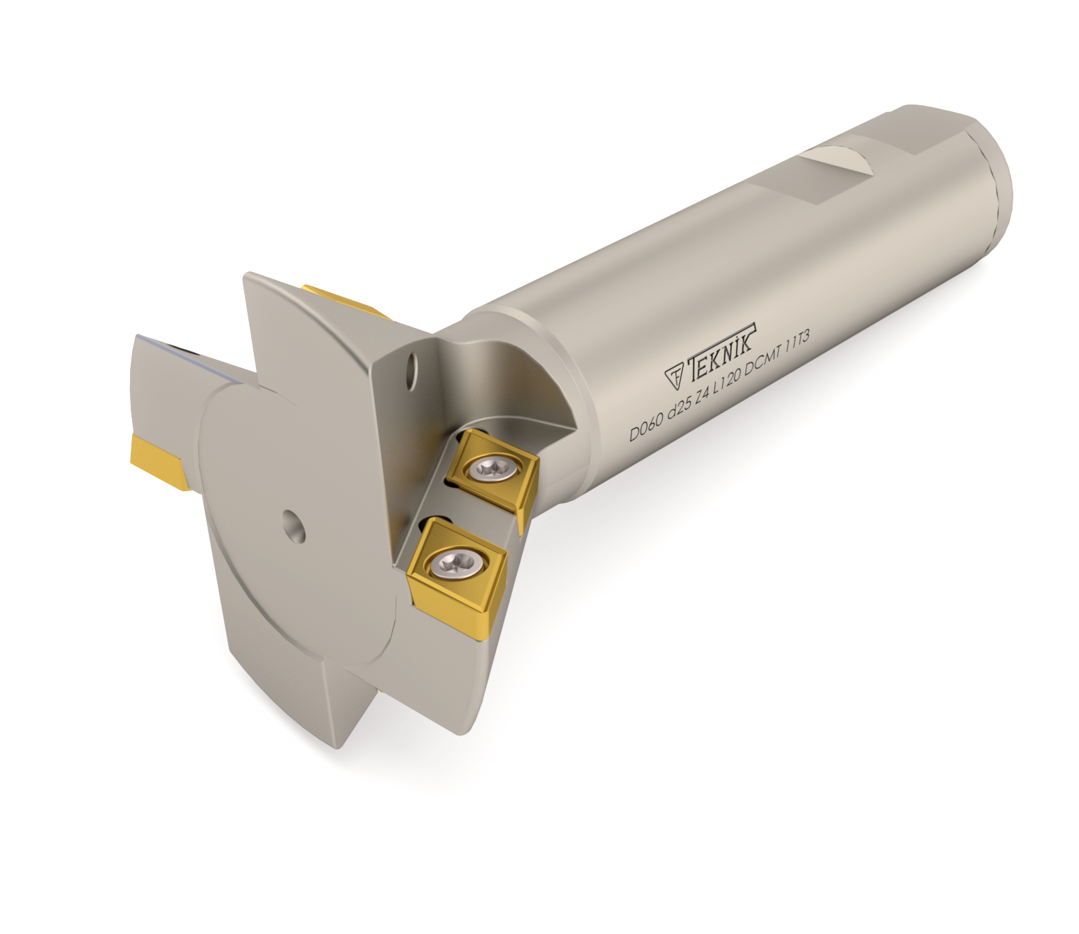 T-Nut-Fräser auf durchsichtigem Hintergrund. Geeignet für Wendeplatten des Types DCMT. Auf der Seite befinden sich das Logo des Herstellers Teknik Makina und der Artikelcode.