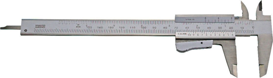 Metav Taschen-Messschieber für Linkshänder: 150mm, 0,02mm, Momentverstellung, mattverchromtes INOX Monoblock