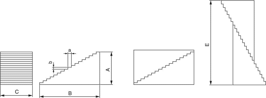 Vertex Step Block 5215: Technische Zeichnung mit Seiten-, Front- und Draufsicht, Maße A, B, C, E