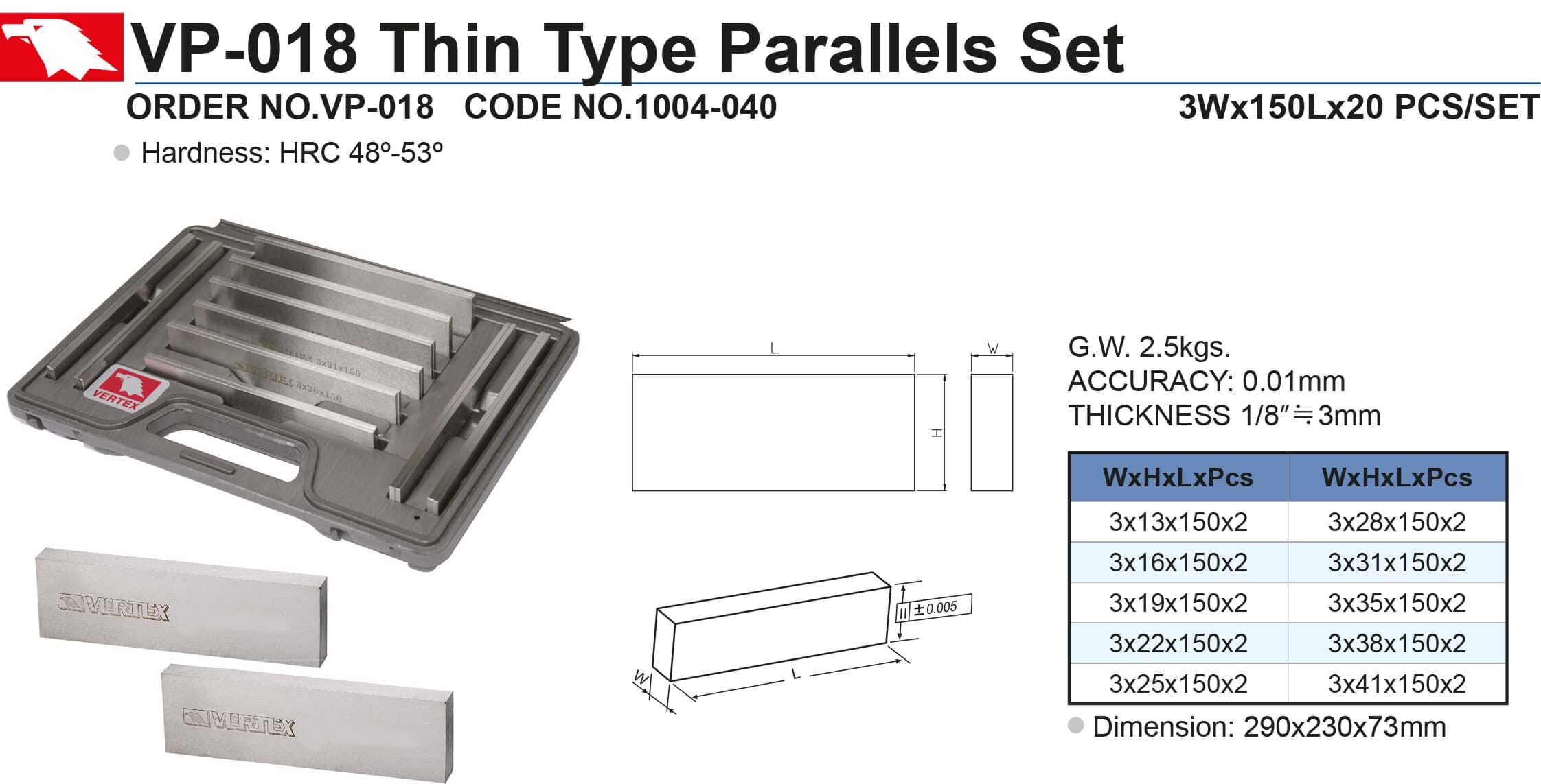 150mm Parallelunterlagensatz, 20 Teile, 290x230x73mm - Vertex