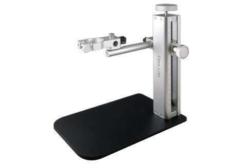 Dino-Lite RK-10FS ESD-Stativ: Silbernes Metall, schwarze Antivibrations-Basis, Frontalansicht