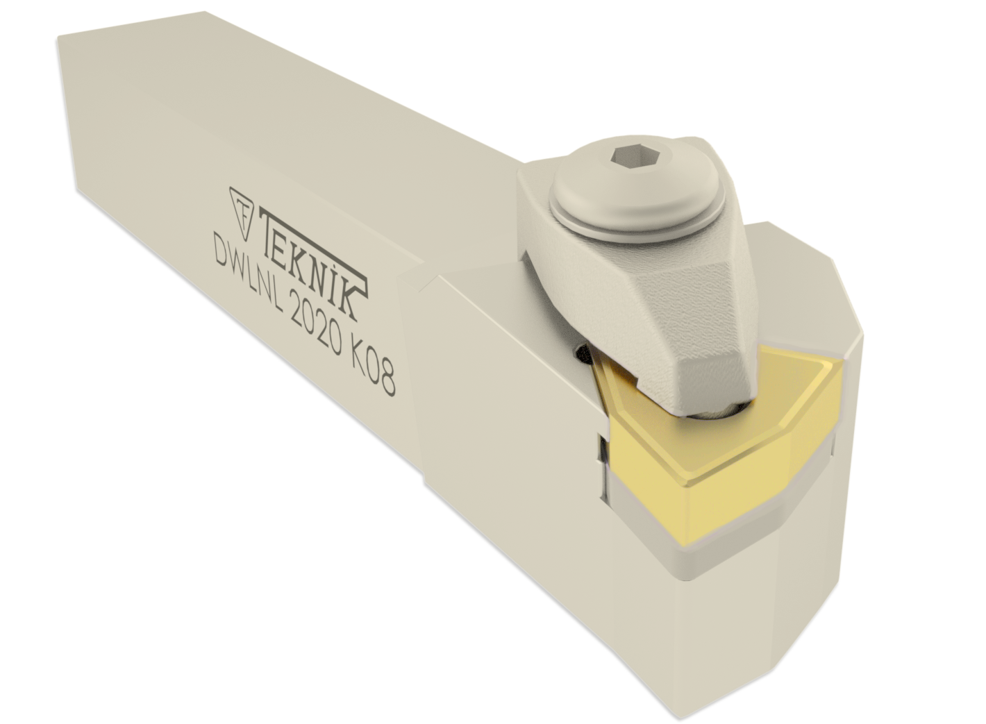 Klemmhalter DWLN auf weißem Hintergrund. Mit einer Wendeplatte des Typs WN--. Auf der Seite des Werkzeugs befinden sich das Logo des Herstellers und der Artikelcode.