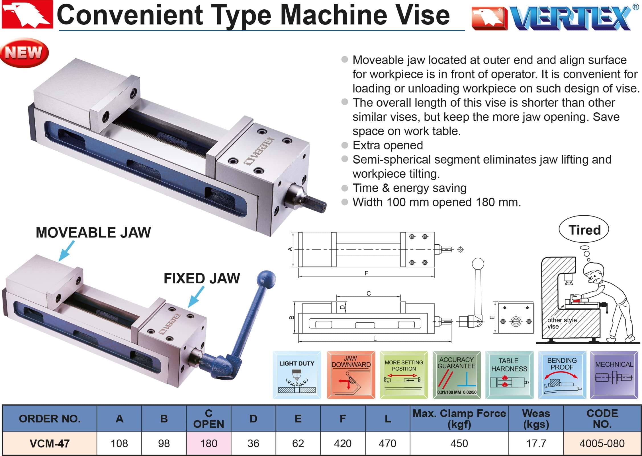 0-180 mm Machine Vice VCM-47 450 kgf Clamp Force, 108x470x98mm - Vertex
