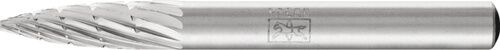 Frässtift HSS Form K: Silberfarbener Metallstift mit spitzbogenförmigem Fräskopf, abgeflachter Spitze, 3er-Zahnung