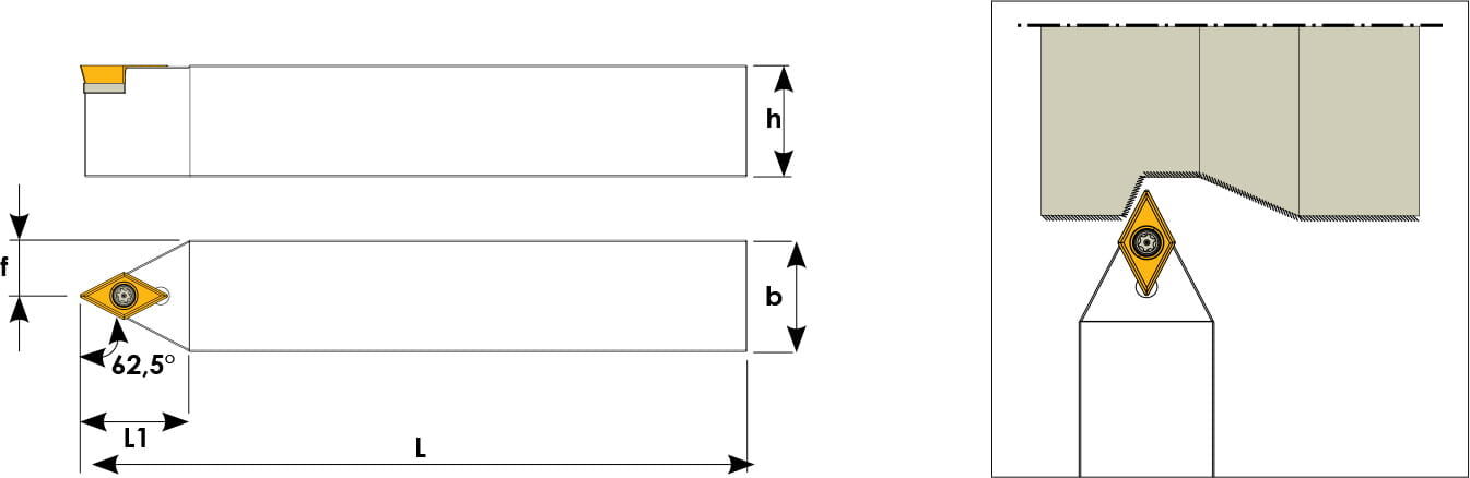 Technische Zeichnung eines Stech-Klemmhalters. Schwarze Linien auf weißem Hintergrund. Die Wendeplatten sind in Gelb angezeigt. Mit Größenangaben. Links befinden sich eine Vorder- und Seitenansicht, links davon ein Benutzungsbeispiel.