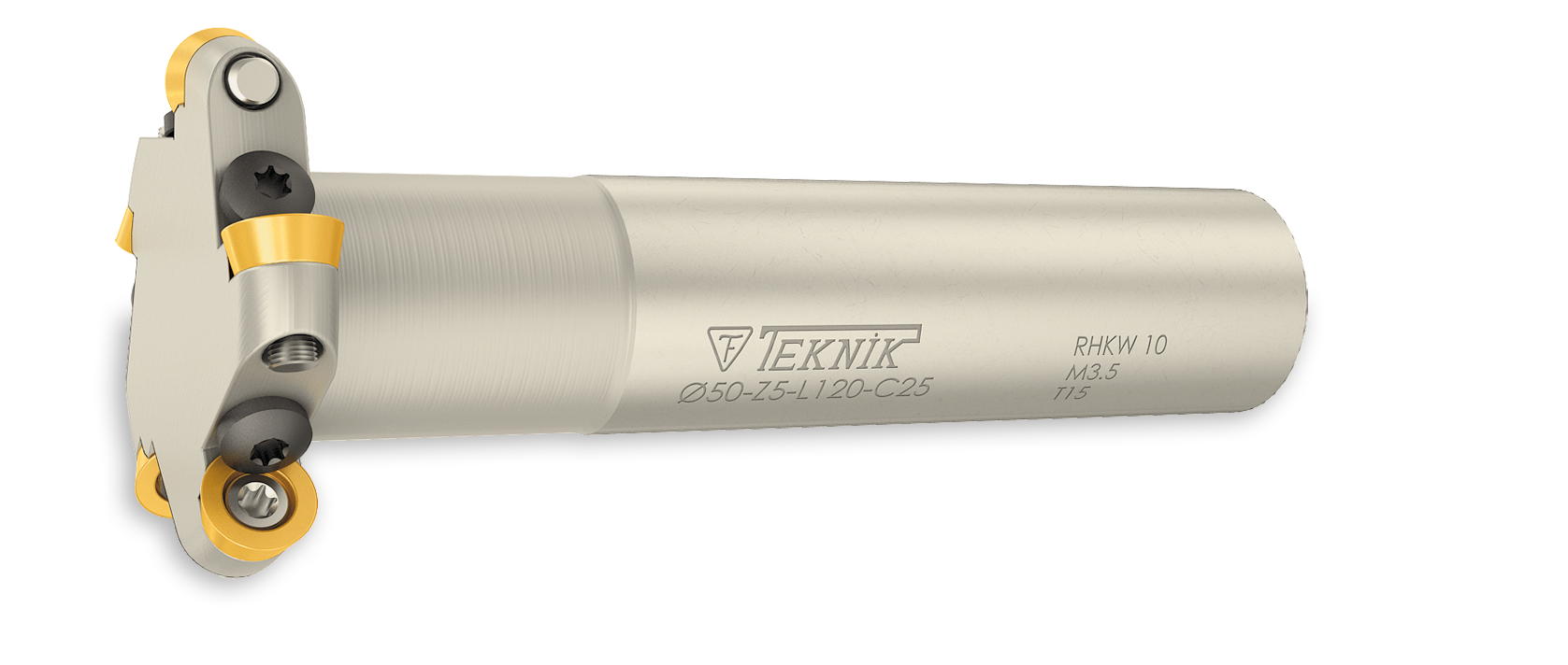 T-Nut-Fräser auf weißem Hintergrund. Geeignet für Wendeplatten des Types RHKW. Auf der Seite befinden sich das Logo des Herstellers Teknik Makina und der Artikelcode.