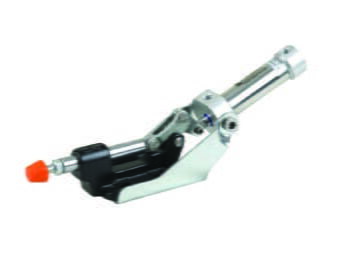 Kukamet Pneumatischer Schubstangenspanner auf weißem Hintergrund. Der Fuß ist flach und aus Gusseisen. Der Arm endet in einem roten Kunststoffkopf. Das pneumatische Modul zeigt nach oben.