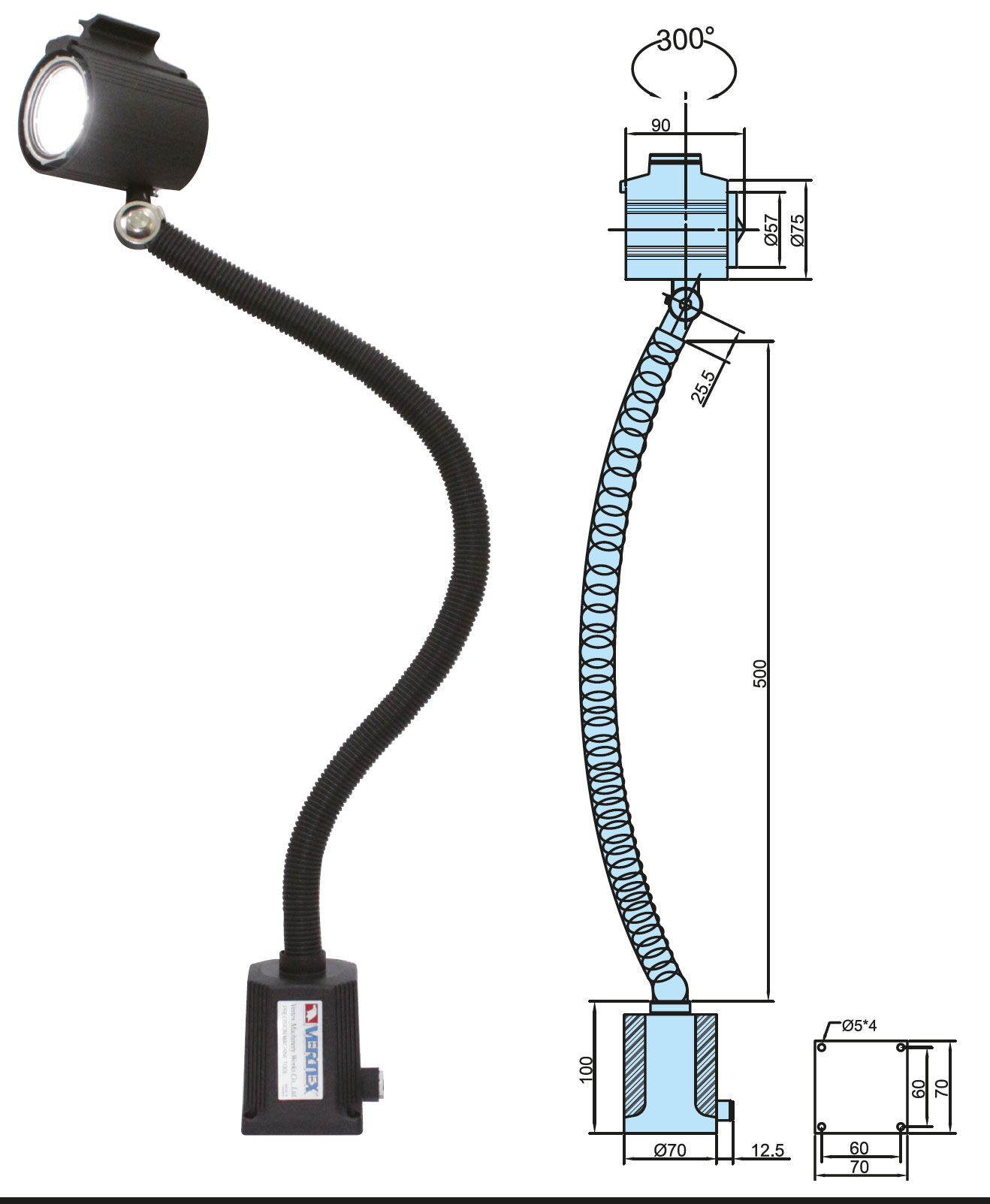 6500 K LED-Lampe, 6W, 24° Abstrahlwinkel, 500mm Arm, verstärkt - Vertex