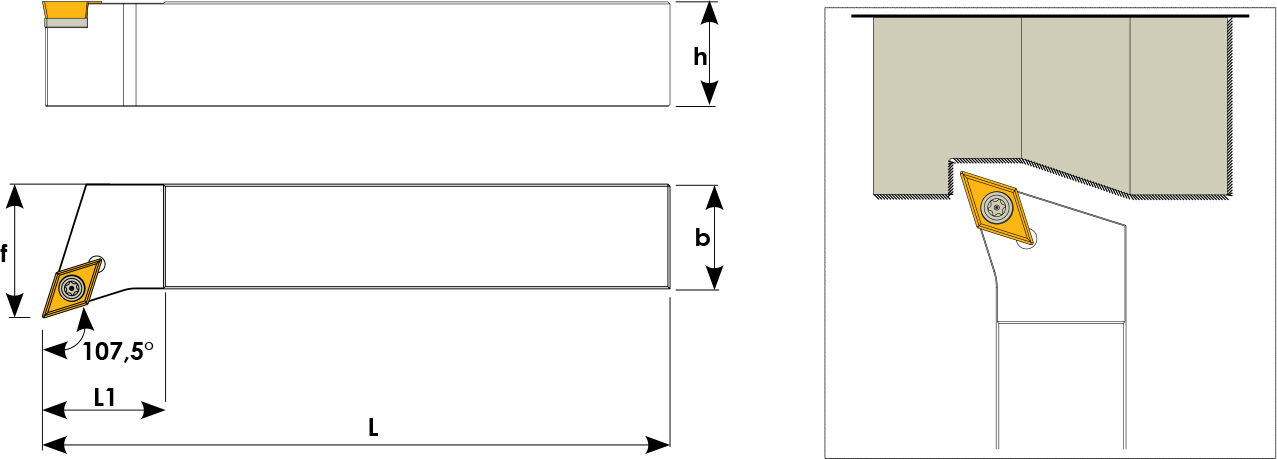 Technische Zeichnung eines Stech-Klemmhalters. Schwarze Linien auf weißem Hintergrund. Die Wendeplatten sind in Gelb angezeigt. Mit Größenangaben. Links befinden sich eine Vorder- und Seitenansicht, links davon ein Benutzungsbeispiel.