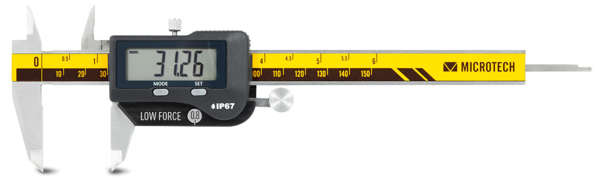 Microtech Digital-Messschieber 200mm – Edelstahl, gelbe Skala, schwarzes Display mit 31.26mm Anzeige, Frontalansicht