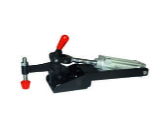 Kukamet Pneumatikspanner auf weißem Hintergrund. Der Fuß und Körper besteht aus Gusseisen. Der Arm endet in einem roten Kunststoffkopf. Dieses Modell hat eine Sicherheitsverriegelung.