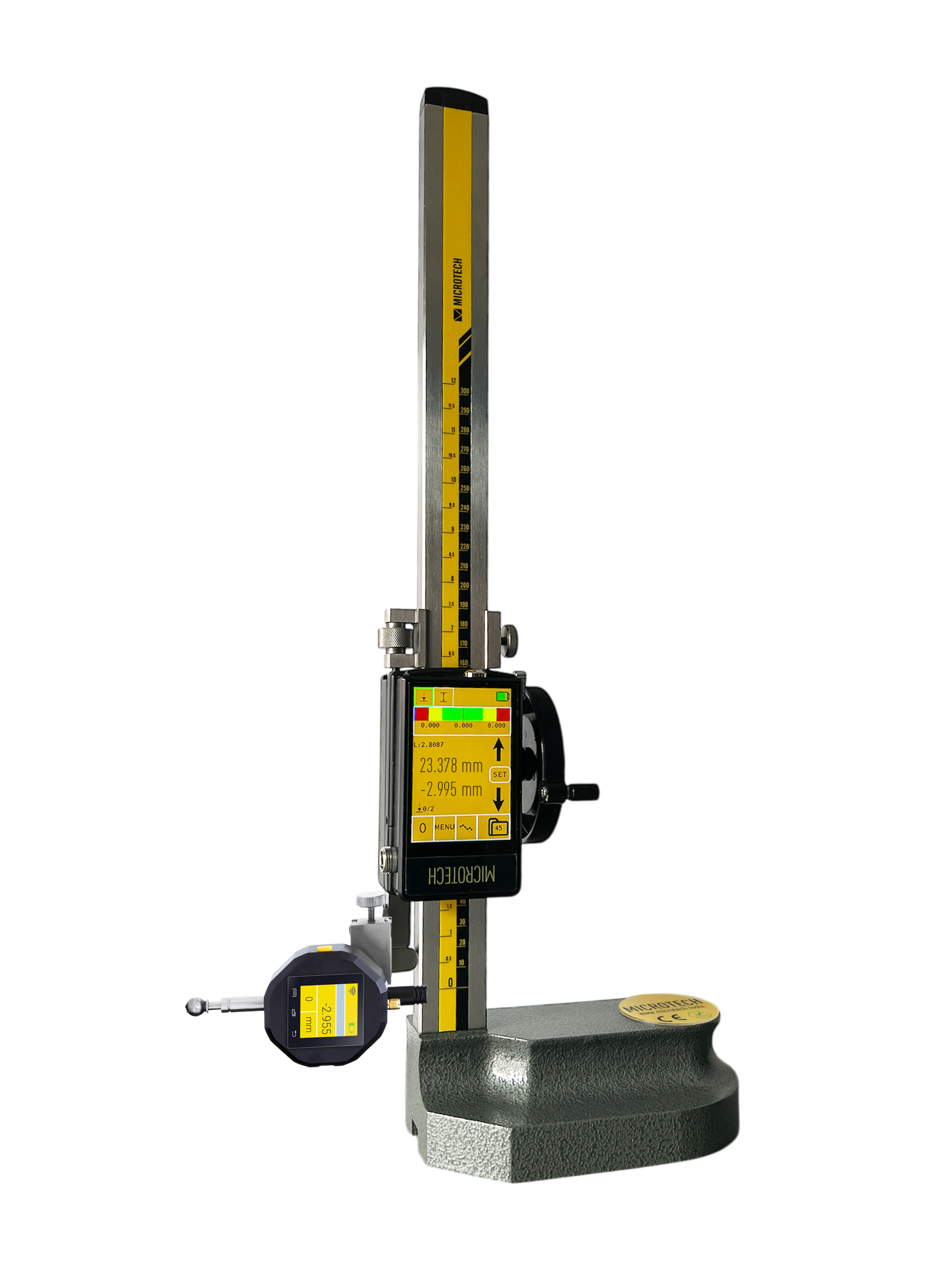 MICROTECH Z:0-600mm 2D Messmaschine: Silbernes Gehäuse, gelbe Skala, zwei farbige Touchscreens, Taster, Frontalansicht