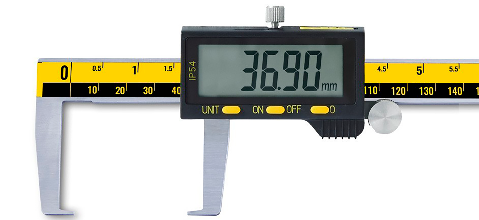 Microtech Digitaler Messschieber 0-300mm: Ansicht Messwert 36.90mm, gelbe Skala, IP54
