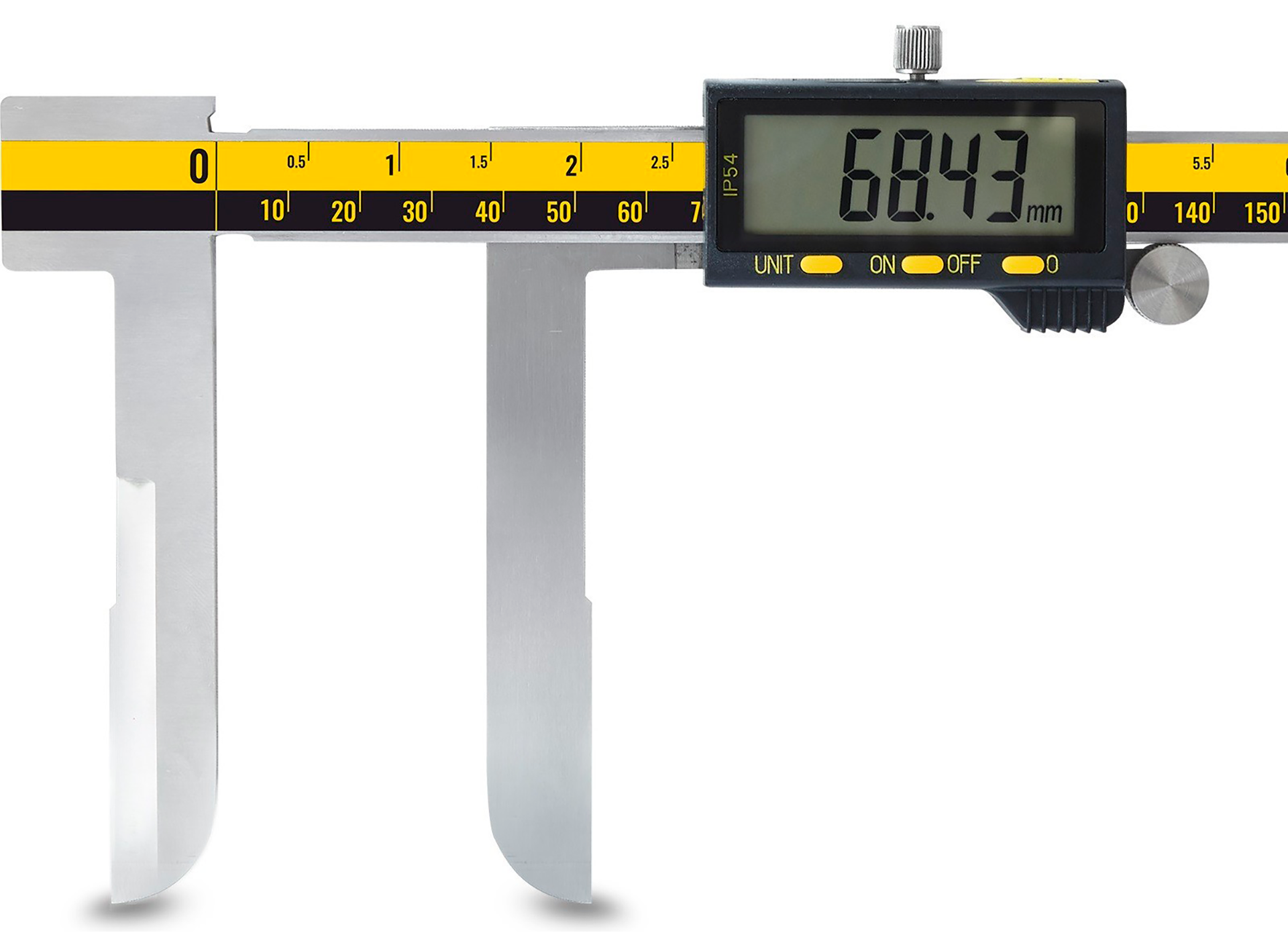 Microtech Digitaler Messschieber 300mm: Silberner Edelstahl, schwarzes Display mit 68.43mm Anzeige, Frontalansicht
