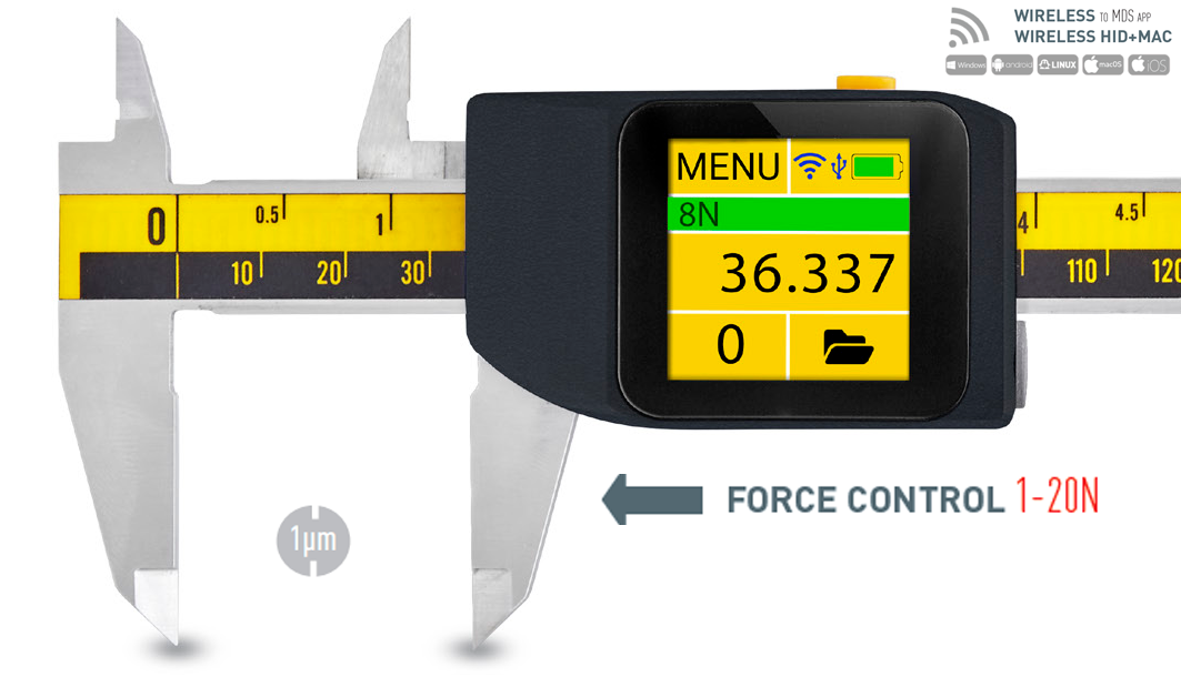 Microtech Metrology 300mm Digitaler Messschieber: Frontalansicht, LCD-Display zeigt 36.337 Messwert, E-Force 1-20N
