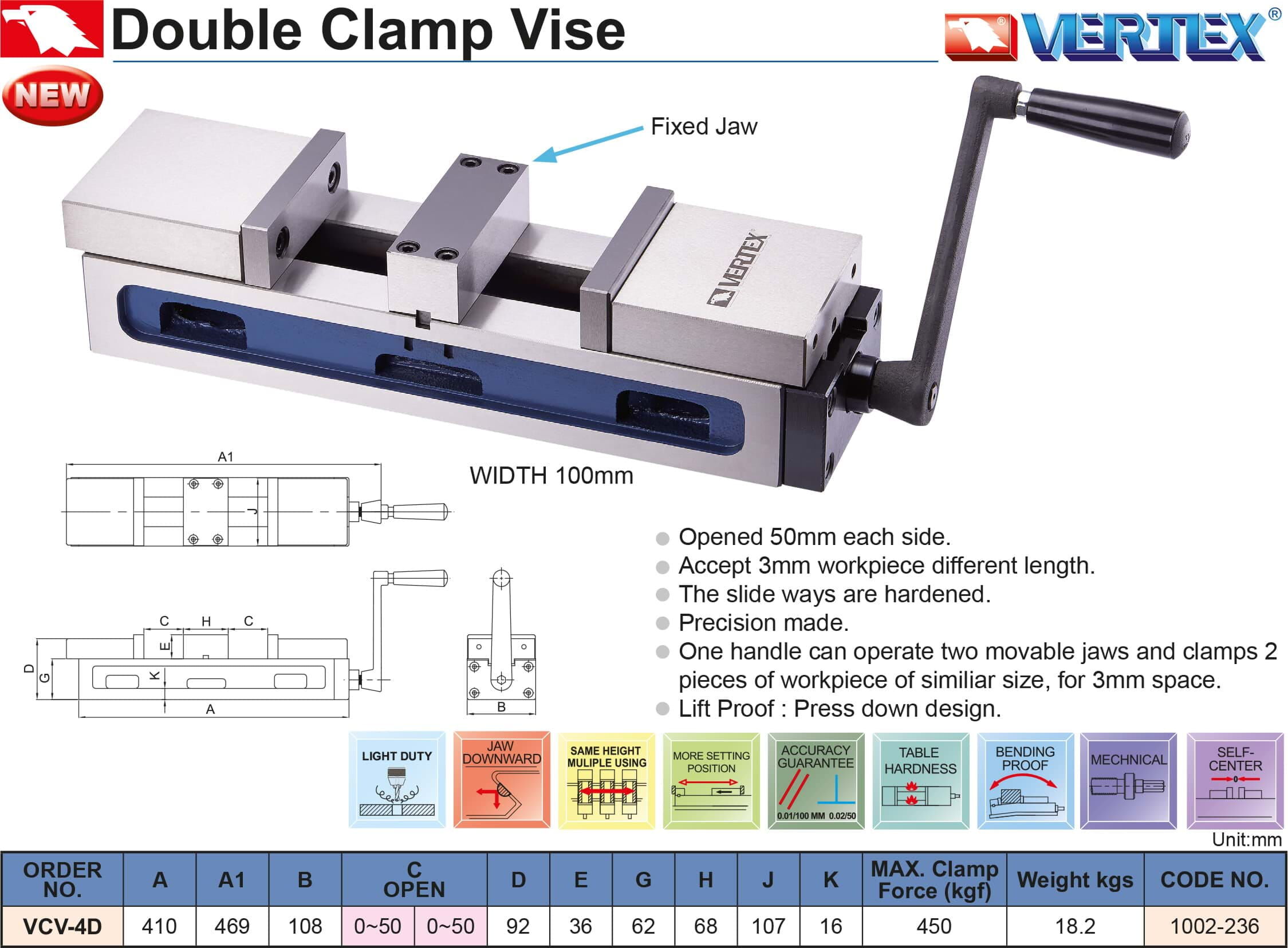 0-50mm Two-Opening Machine Vice 450 kgf Clamping Force, 469x108x92mm - Vertex