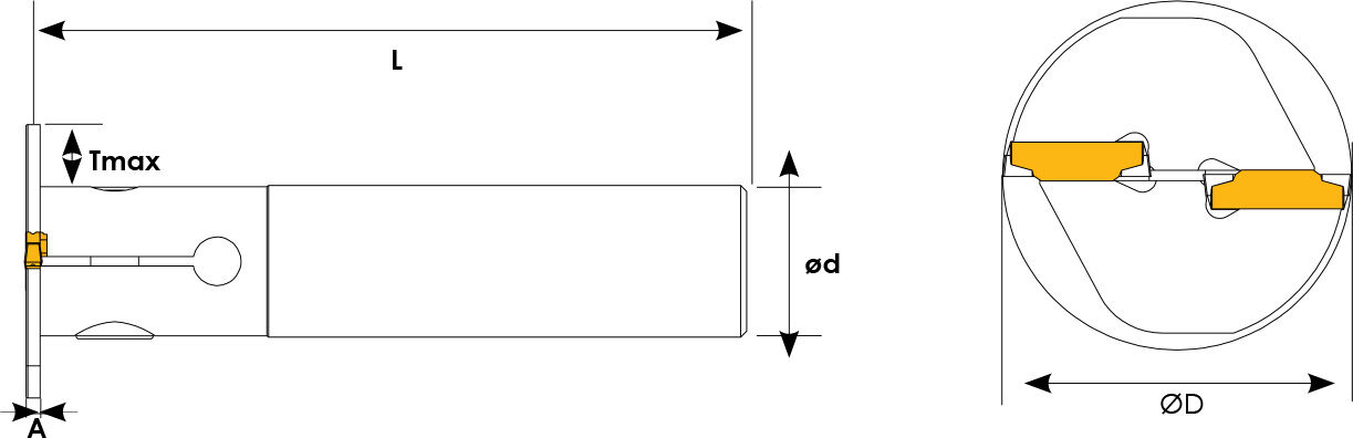 Technische Zeichnung eines Rundfräsers. Schwarze Linien auf weißem Hintergrund. Die Wendeplatten sind in Gelb angezeigt. Links befindet sich eine Seitenansicht, auf der rechten eine Vorderansicht. Mit Größenangaben.