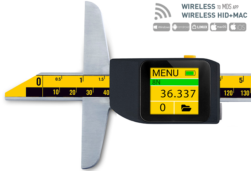 Digitaler Tiefenmessschieber 500mm Microtech: Nahaufnahme Display mit Messwert 36.337, Wireless-Icons