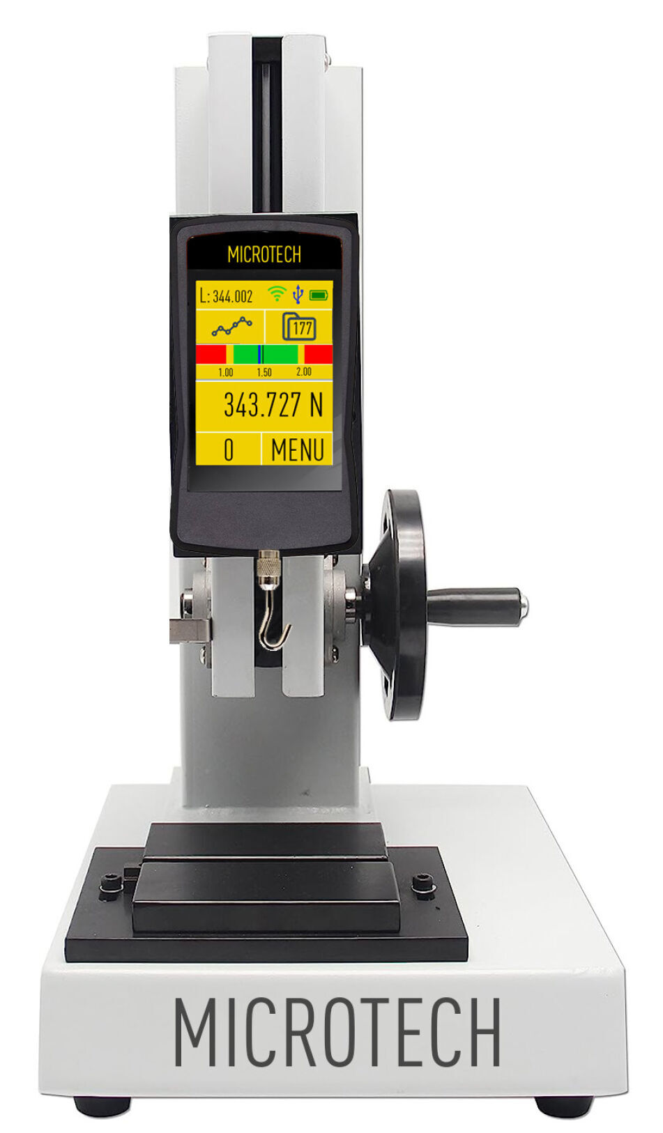 Microtech Metrology 120mm Teststand mit 2.4 Zoll Touchscreen, ISO 17025 Kalibriert, 5000N Belastung - Frontalansicht